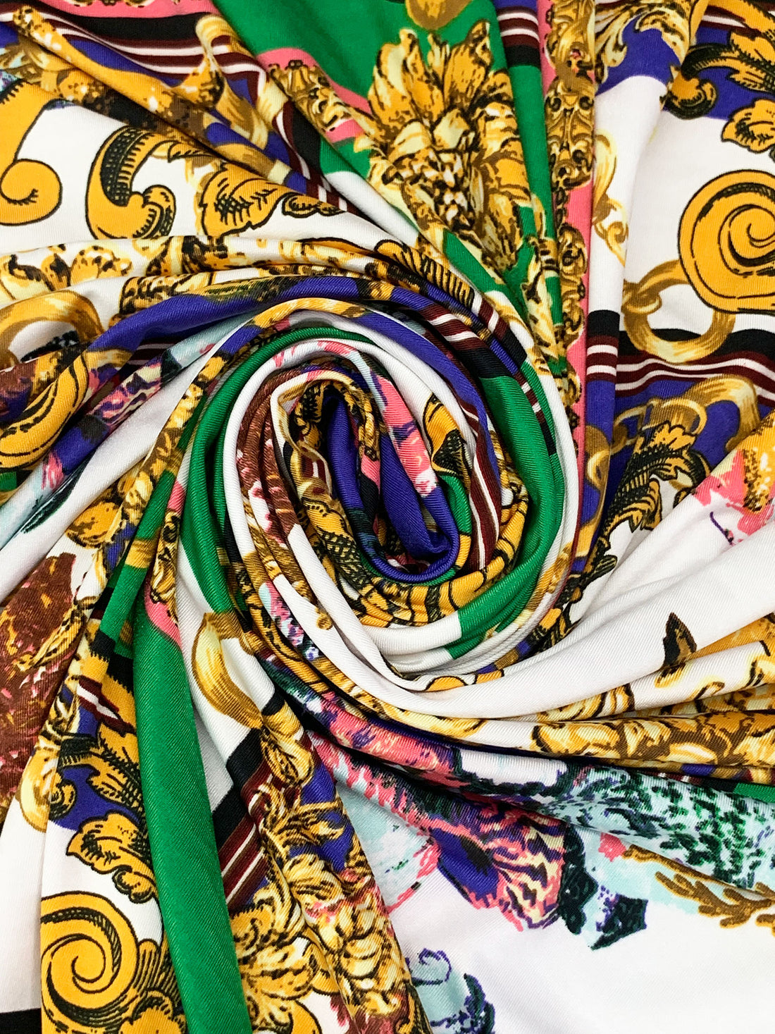 Green/Blue/Gold/White Polyester/Lycra Novelty Nautical Framework Print FTY Knit 56W