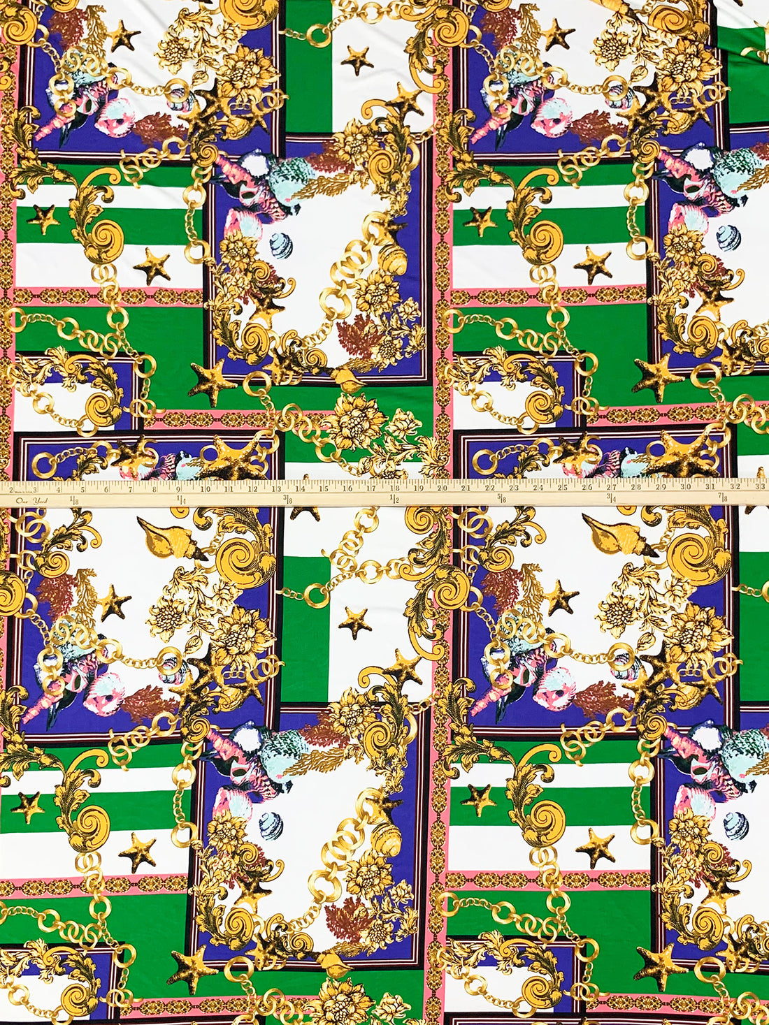 Green/Blue/Gold/White Polyester/Lycra Novelty Nautical Framework Print FTY Knit 56W