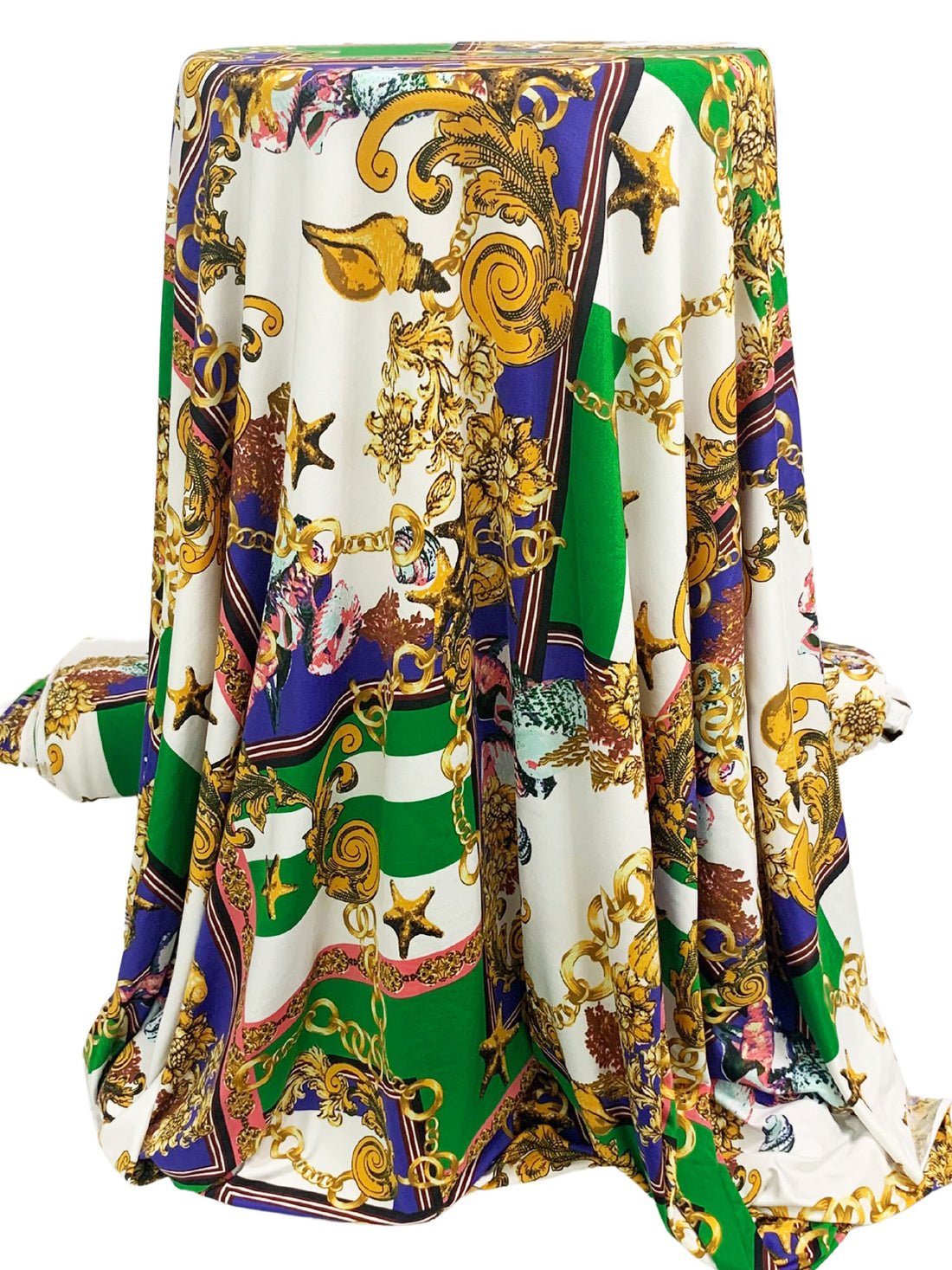 Green/Blue/Gold/White Polyester/Lycra Novelty Nautical Framework Print FTY Knit 56W