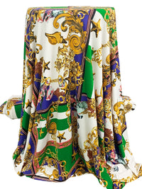 Green/Blue/Gold/White Polyester/Lycra Novelty Nautical Framework Print FTY Knit 56W