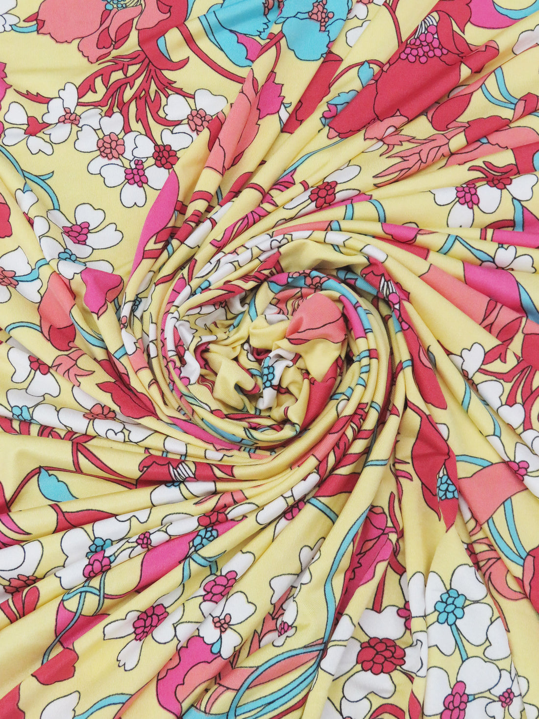 Pale Canary/Cardinal Red/Bright Moonstone Blue/Multi Polyester/Lycra Floral Print FTY Knit 56W