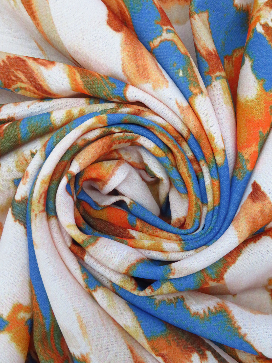 Sky Blue/Bright Tangerine/Pale Peach Polyester/Lycra Abstract Brushstrokes Print Stretch Crepe - NY Designer - 56W