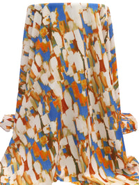 Sky Blue/Bright Tangerine/Pale Peach Polyester/Lycra Abstract Brushstrokes Print Stretch Crepe - NY Designer - 56W