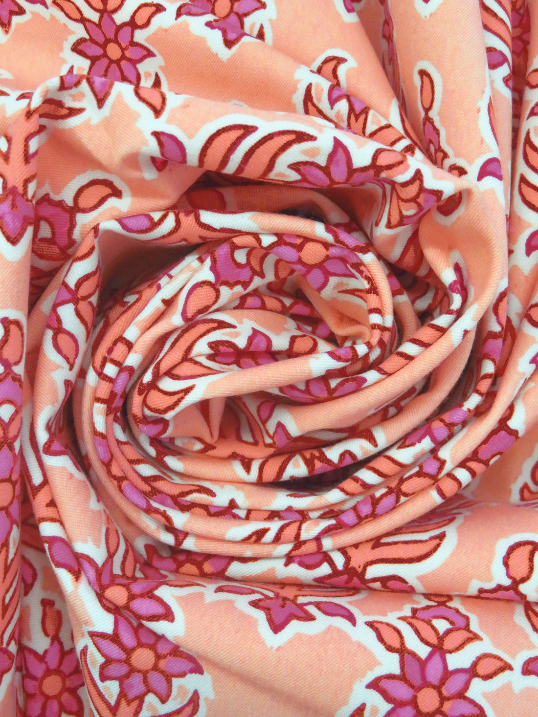 Salmon/Off-White/Petal Pink/Red Cotton/Polyester/Lycra Floral Block Print Stretch Twill - NY Designer - 56W