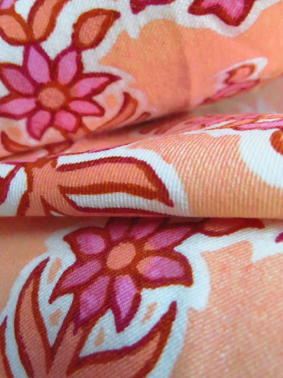Salmon/Off-White/Petal Pink/Red Cotton/Polyester/Lycra Floral Block Print Stretch Twill - NY Designer - 56W