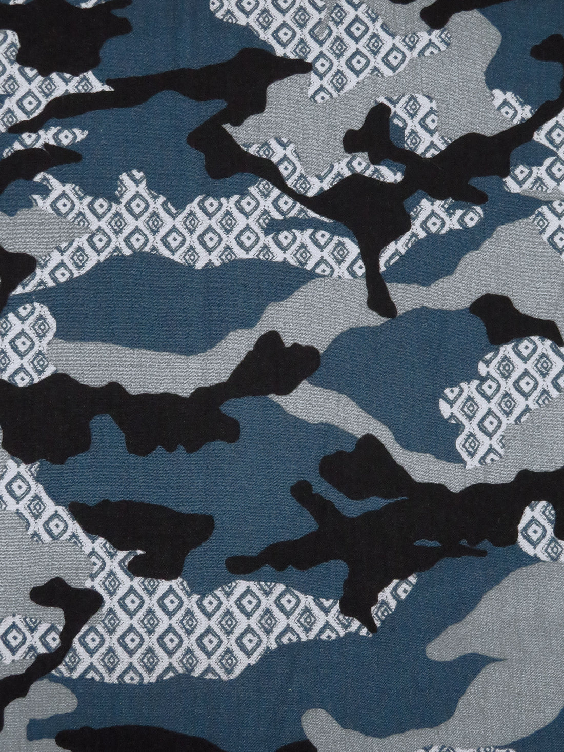 Blue Gray/Black/Slate Gray 100% Rayon Stylized Camo Print Crinkle Challis 50W