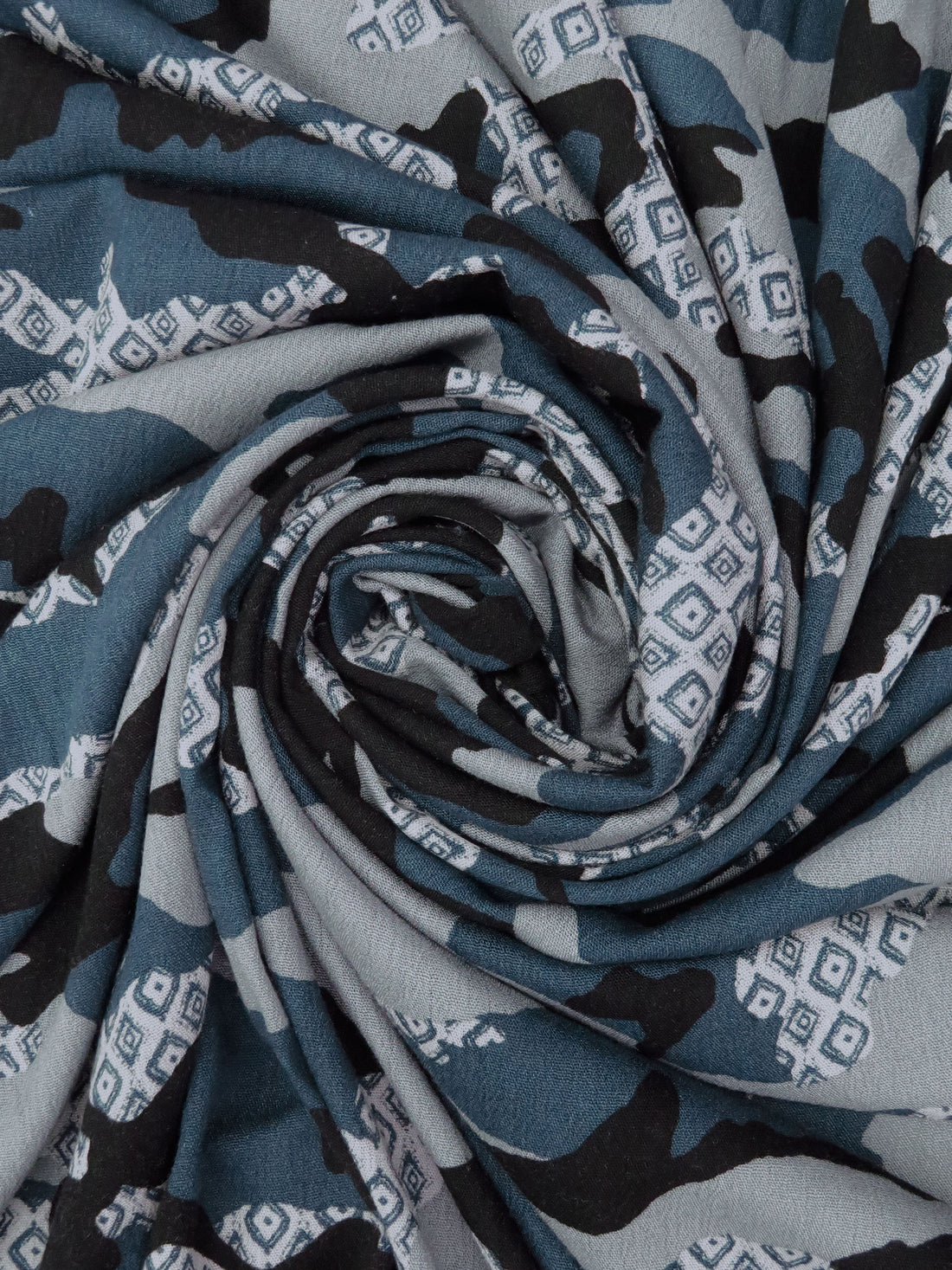 Blue Gray/Black/Slate Gray 100% Rayon Stylized Camo Print Crinkle Challis 50W