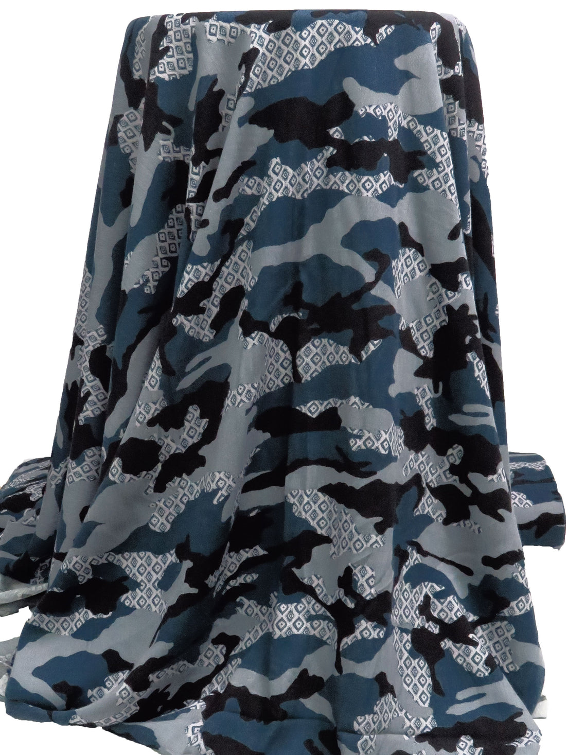 Blue Gray/Black/Slate Gray 100% Rayon Stylized Camo Print Crinkle Challis 50W