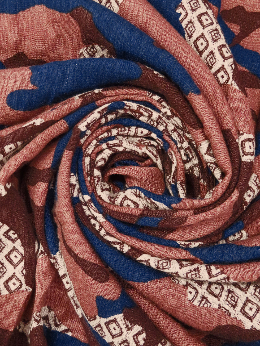 Maroon/Marine Blue/Burnt Sienna 100% Rayon Stylized Camo Print Crinkle Challis 50W