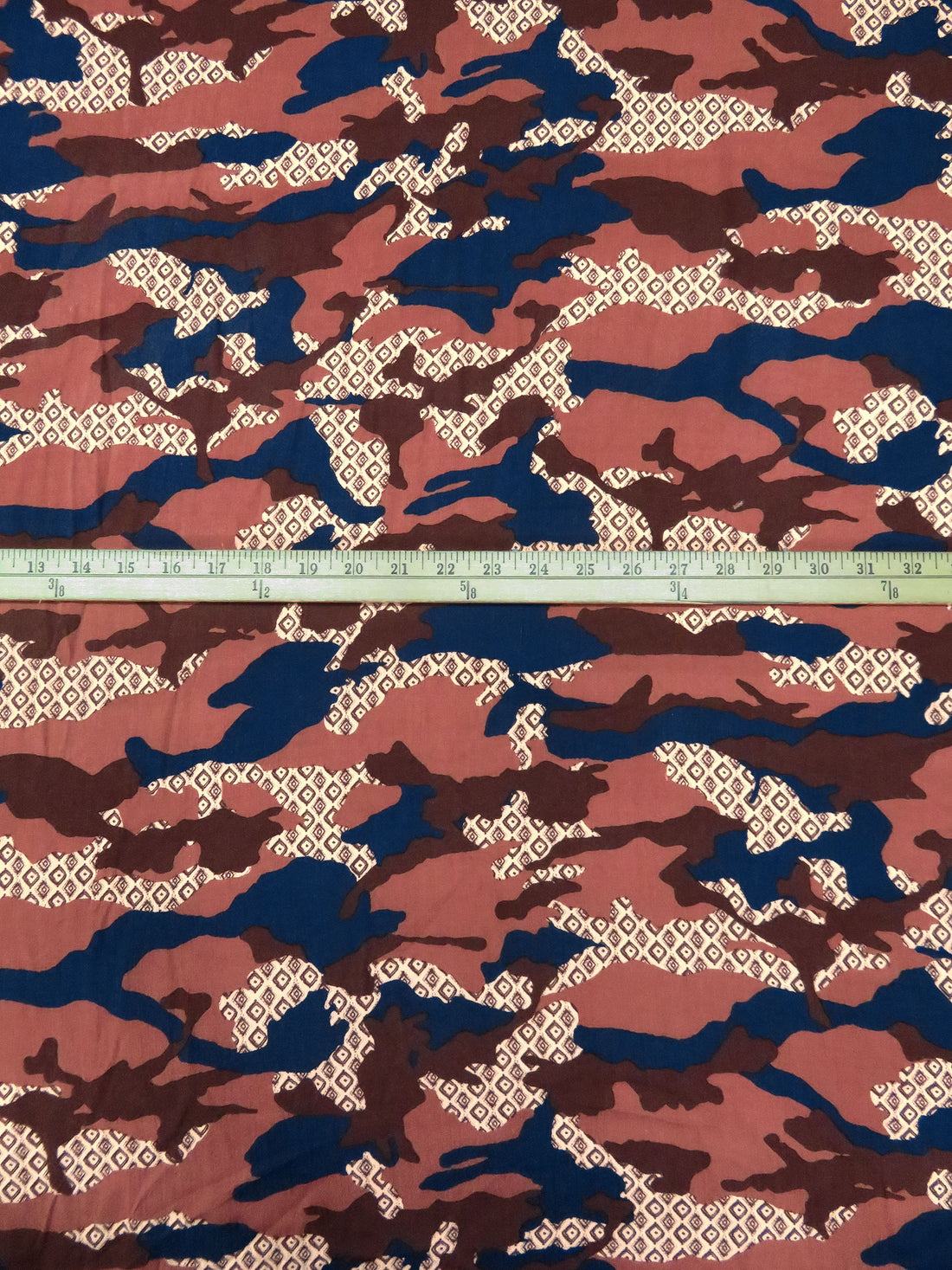 Maroon/Marine Blue/Burnt Sienna 100% Rayon Stylized Camo Print Crinkle Challis 50W