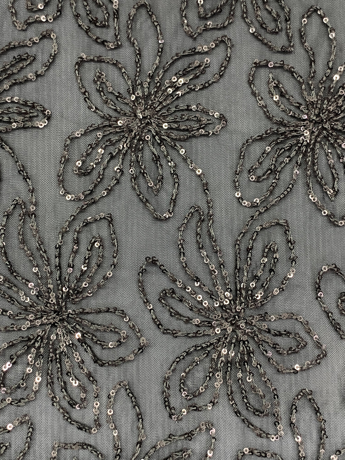 Black/Middle Gray 100% Nylon Embroidered Floral With Sequins On Netting - NY Designer - 69W