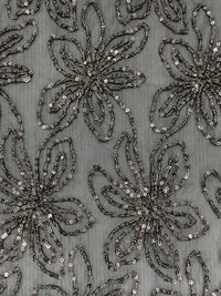 Black/Middle Gray 100% Nylon Embroidered Floral With Sequins On Netting - NY Designer - 69W