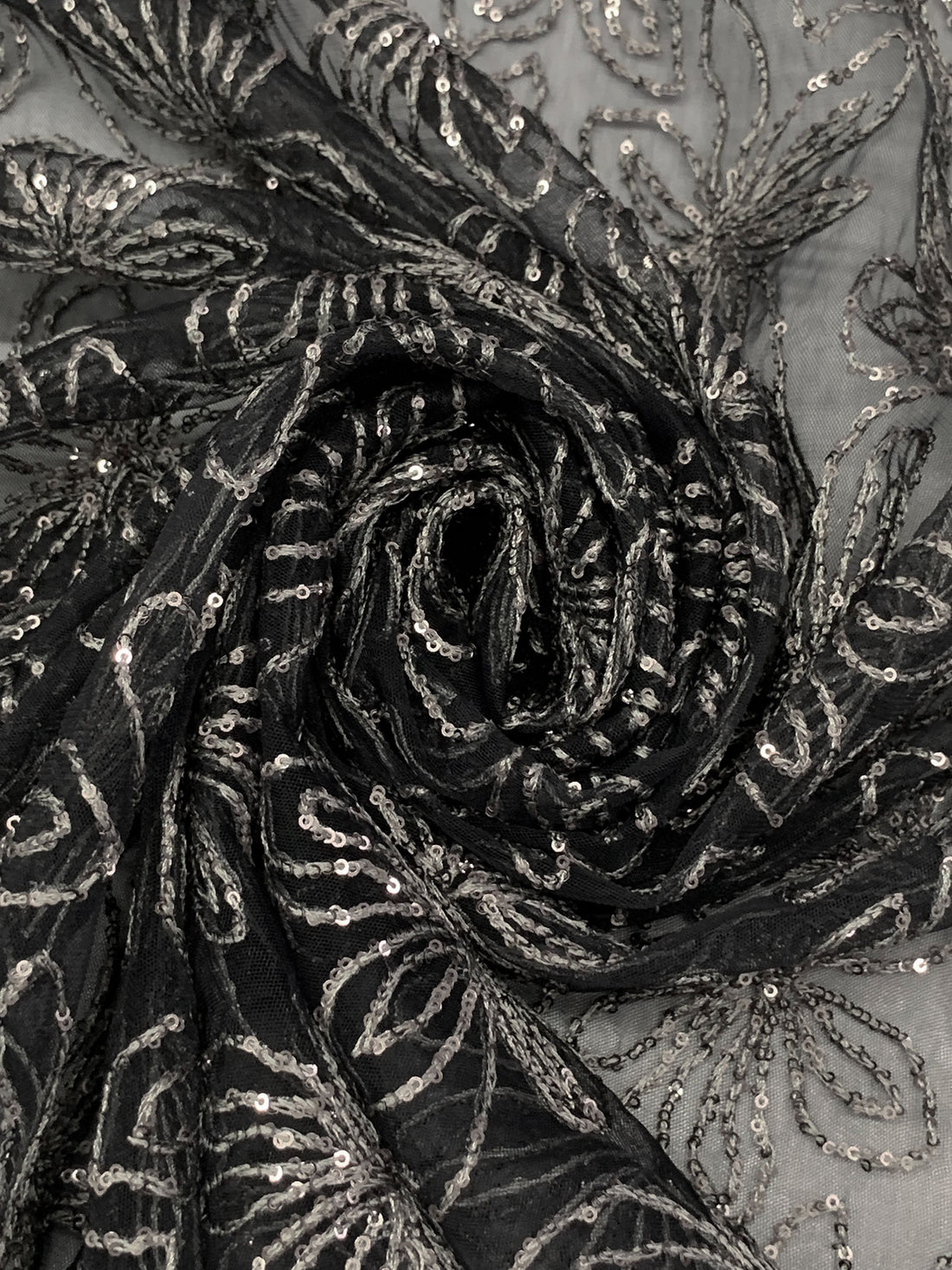 Black/Middle Gray 100% Nylon Embroidered Floral With Sequins On Netting - NY Designer - 69W