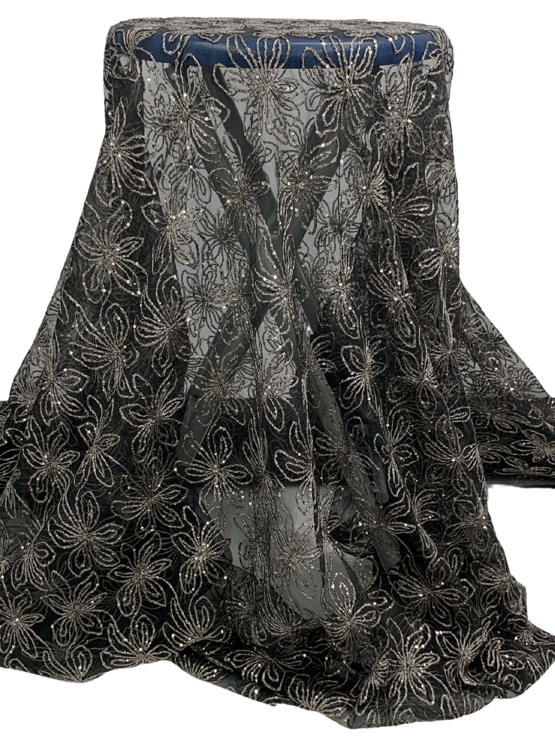 Black/Middle Gray 100% Nylon Embroidered Floral With Sequins On Netting - NY Designer - 69W