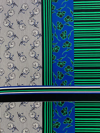 SOLD BY THE PANEL ONLY - Blue/Green/Black/Multi Polyester/Lycra Large Floral Stripe Double Border Print ITY Knit - NY Designer - 56W