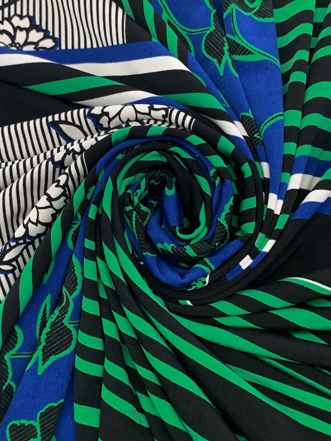 SOLD BY THE PANEL ONLY - Blue/Green/Black/Multi Polyester/Lycra Large Floral Stripe Double Border Print ITY Knit - NY Designer - 56W