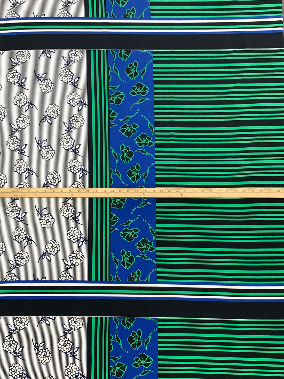 SOLD BY THE PANEL ONLY - Blue/Green/Black/Multi Polyester/Lycra Large Floral Stripe Double Border Print ITY Knit - NY Designer - 56W