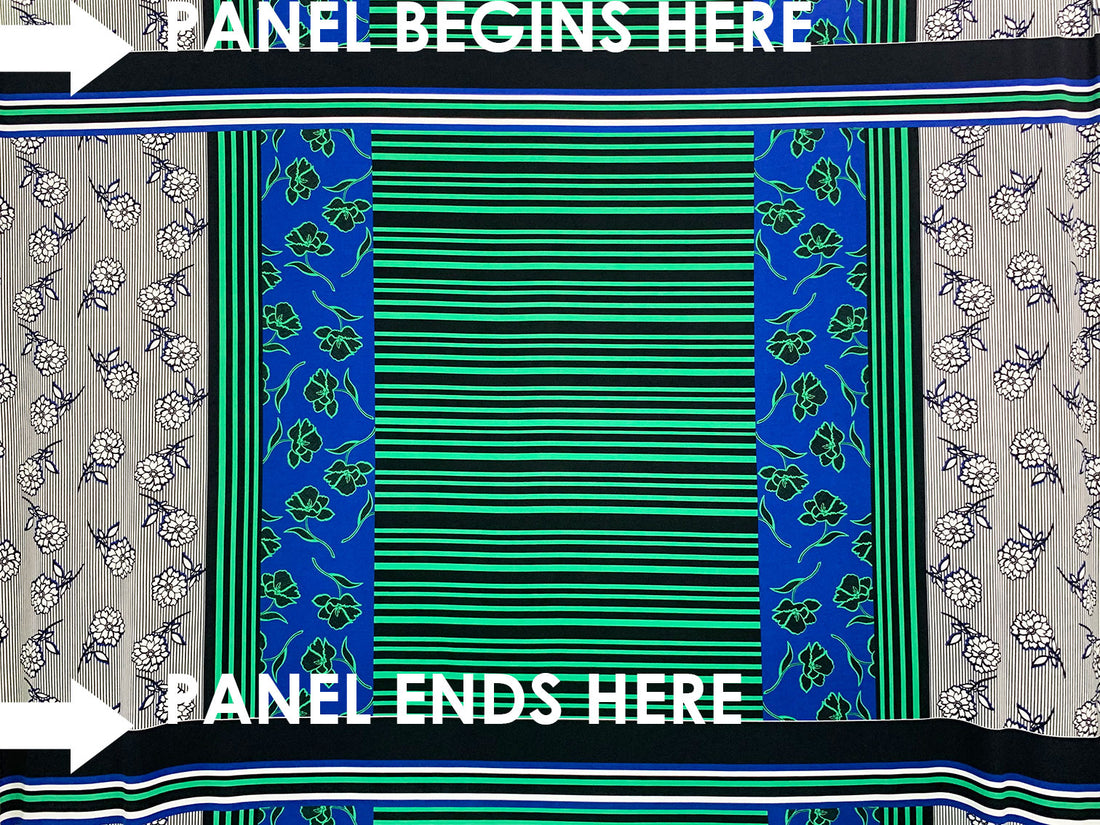 SOLD BY THE PANEL ONLY - Blue/Green/Black/Multi Polyester/Lycra Large Floral Stripe Double Border Print ITY Knit - NY Designer - 56W