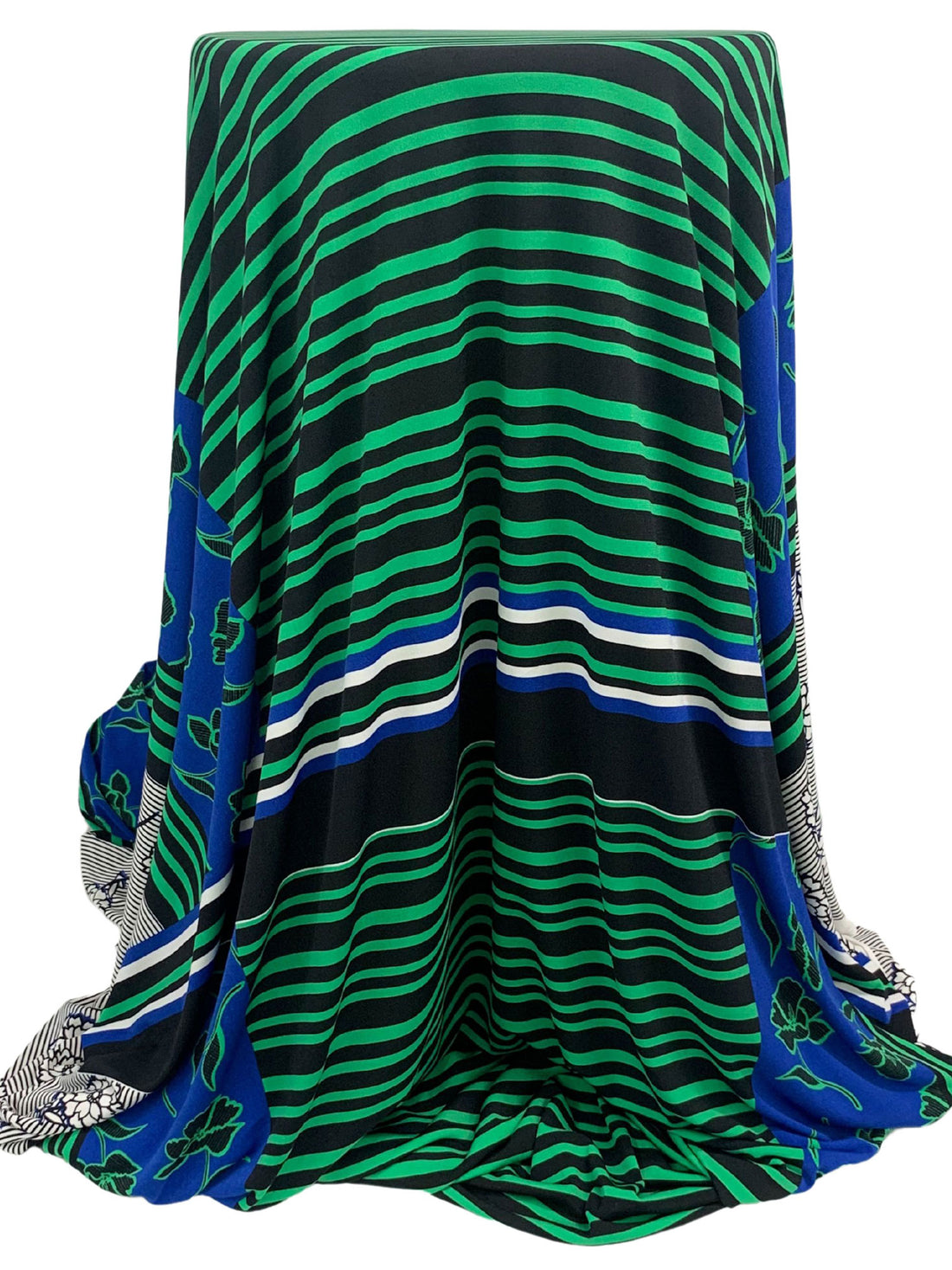 SOLD BY THE PANEL ONLY - Blue/Green/Black/Multi Polyester/Lycra Large Floral Stripe Double Border Print ITY Knit - NY Designer - 56W