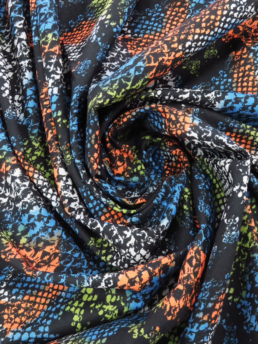 Black/Tiger Orange/Deep Azure/Multi 100% Cotton Abstract Snakeskin Print Voile 52W