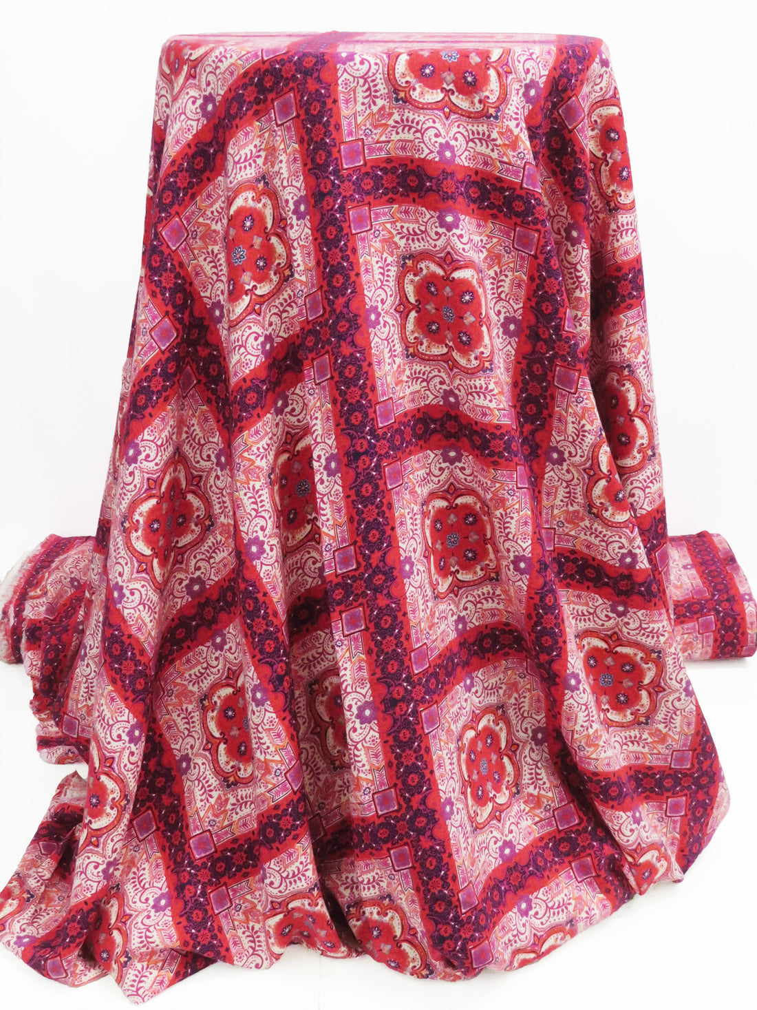 Chili Pepper/Sangria/Navy Blue/Multi 100% Rayon Ornate Floral Tile Print Challis 56W