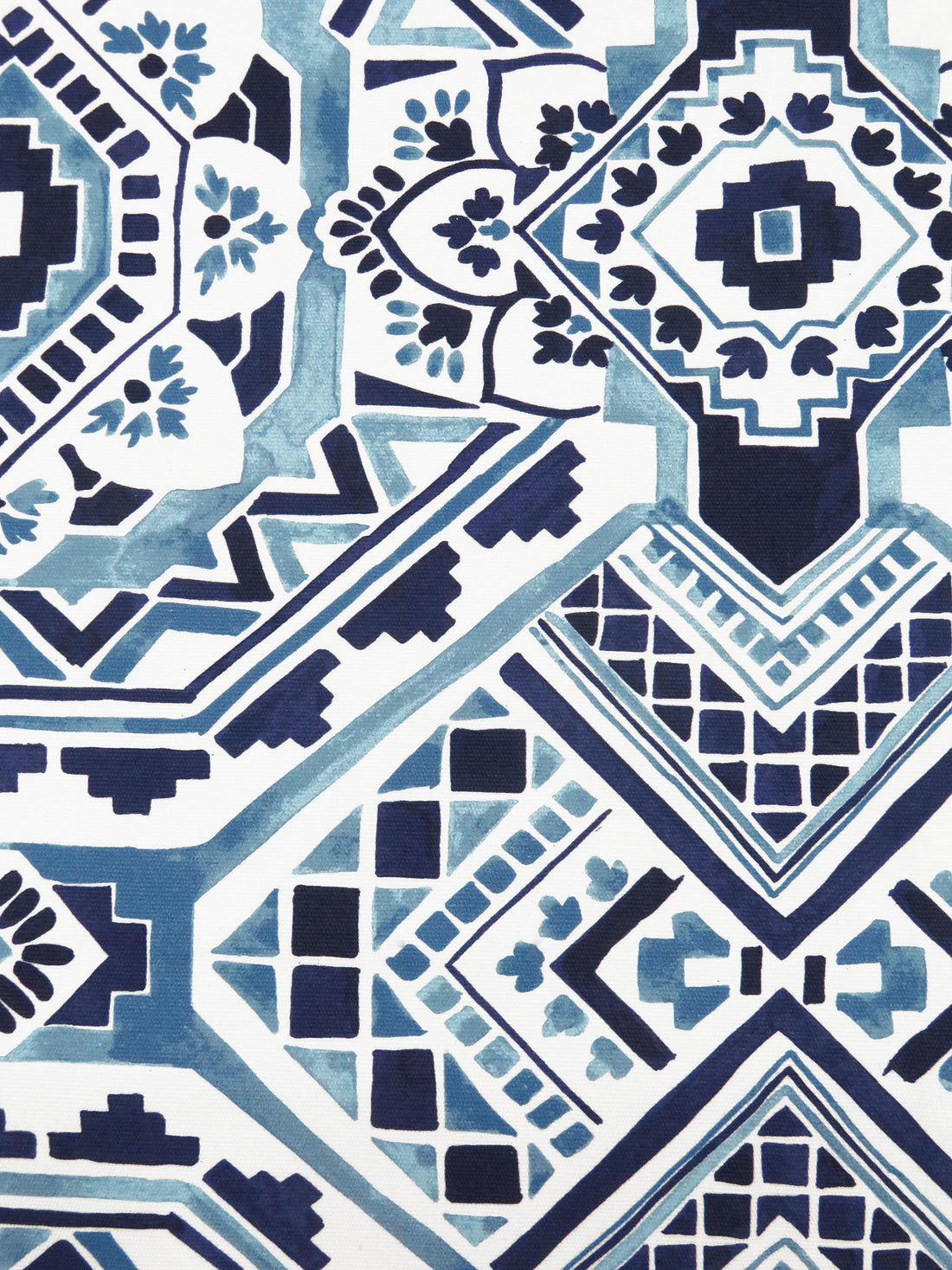 Off-White/Space Cadet/Steel Blue/Multi 100% Cotton Geometric Tile Print Canvas - European Mill - 56W