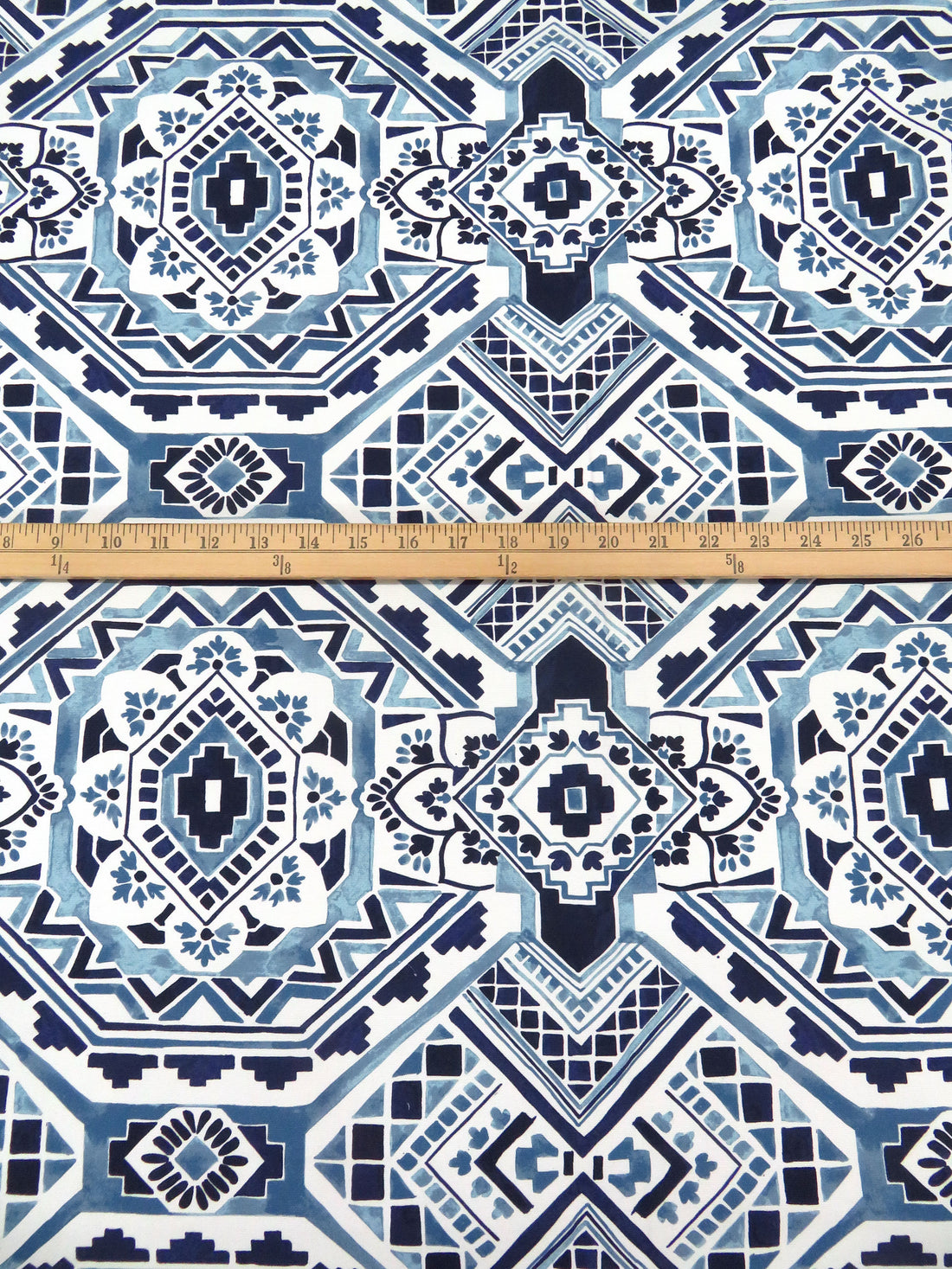 Off-White/Space Cadet/Steel Blue/Multi 100% Cotton Geometric Tile Print Canvas - European Mill - 56W