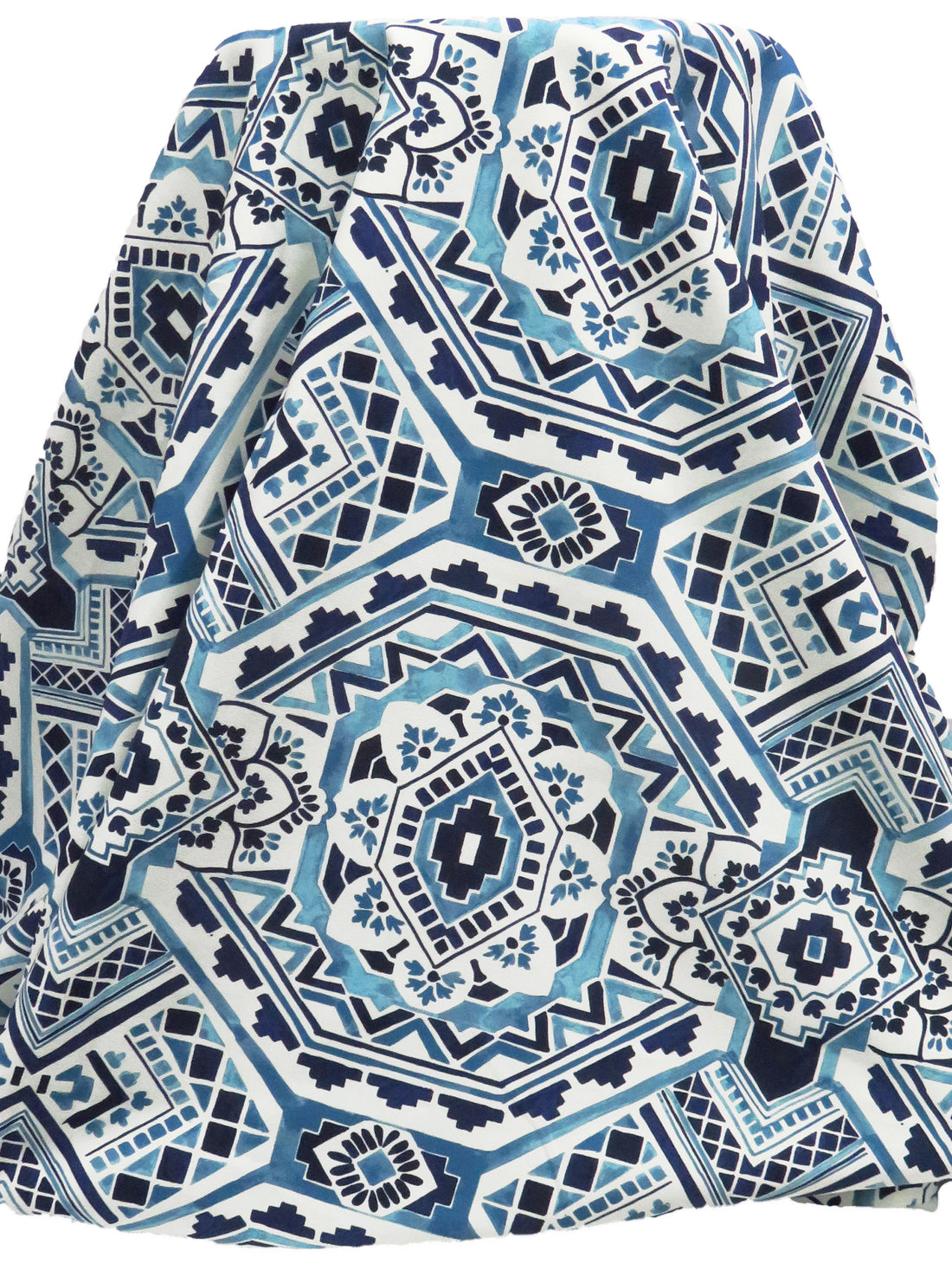 Off-White/Space Cadet/Steel Blue/Multi 100% Cotton Geometric Tile Print Canvas - European Mill - 56W