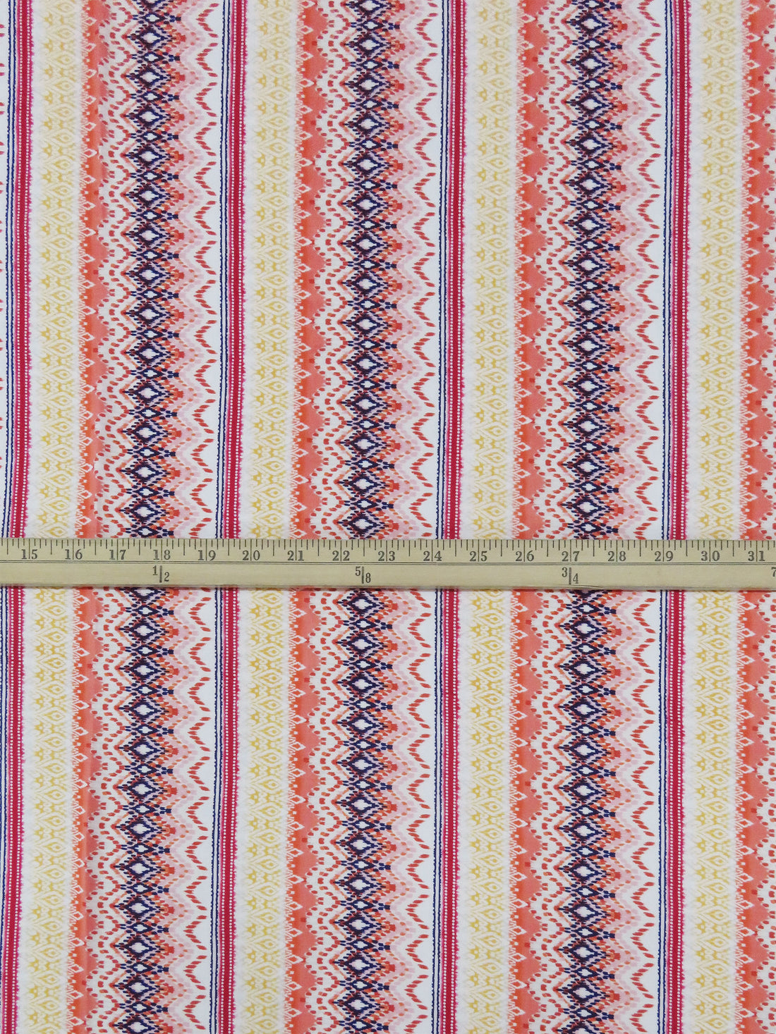 Peach/Goldenrod/Deep Magenta Pink/Multi 100% Rayon Vertical Ornate Stripe Print Challis 56W