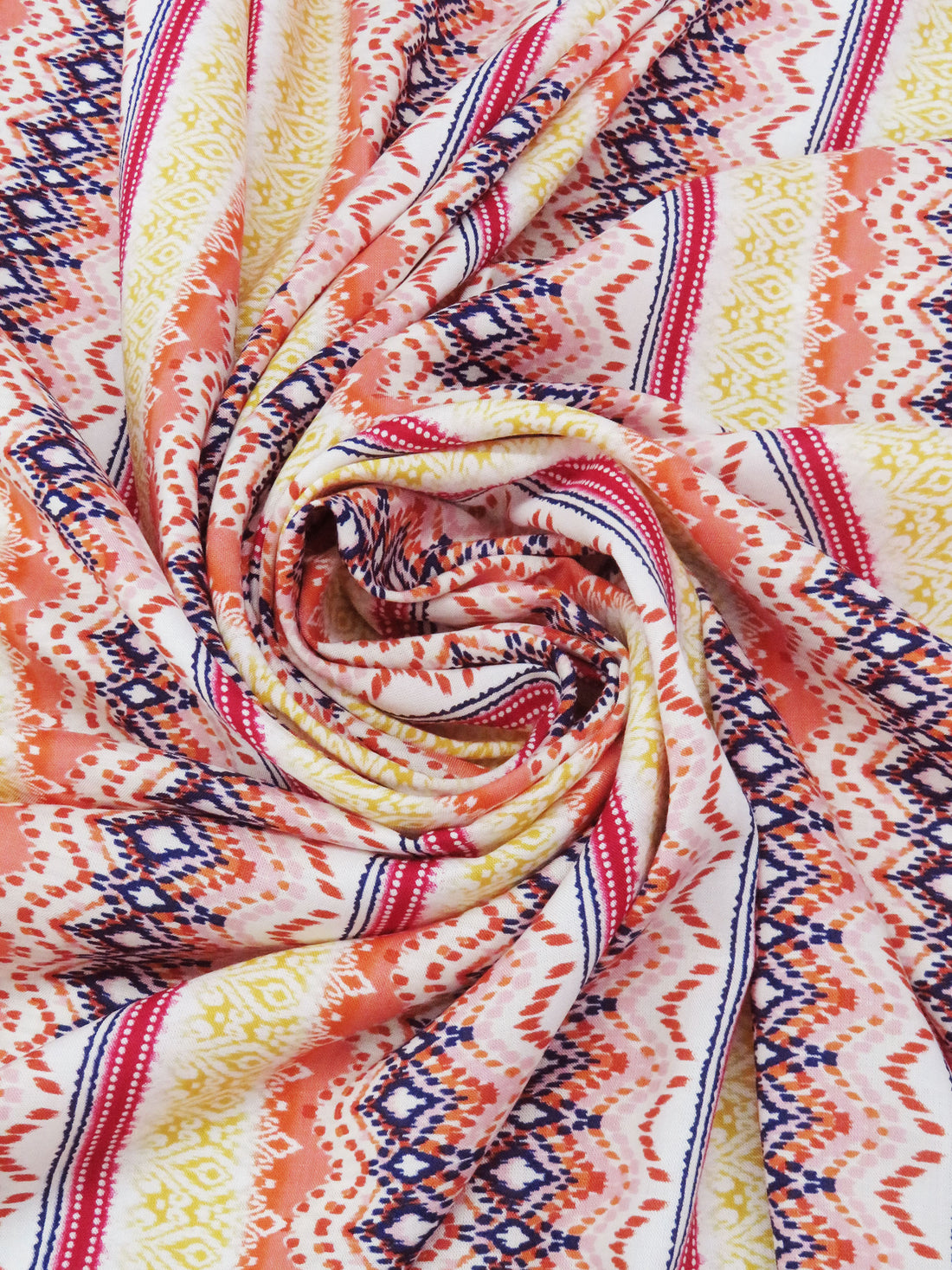 Peach/Goldenrod/Deep Magenta Pink/Multi 100% Rayon Vertical Ornate Stripe Print Challis 56W