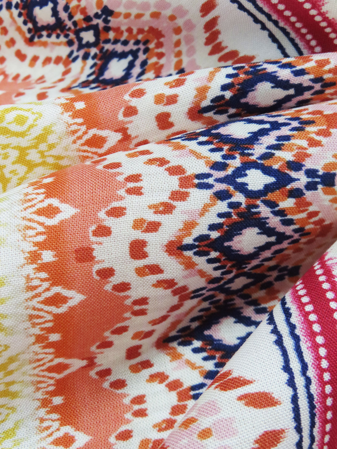 Peach/Goldenrod/Deep Magenta Pink/Multi 100% Rayon Vertical Ornate Stripe Print Challis 56W