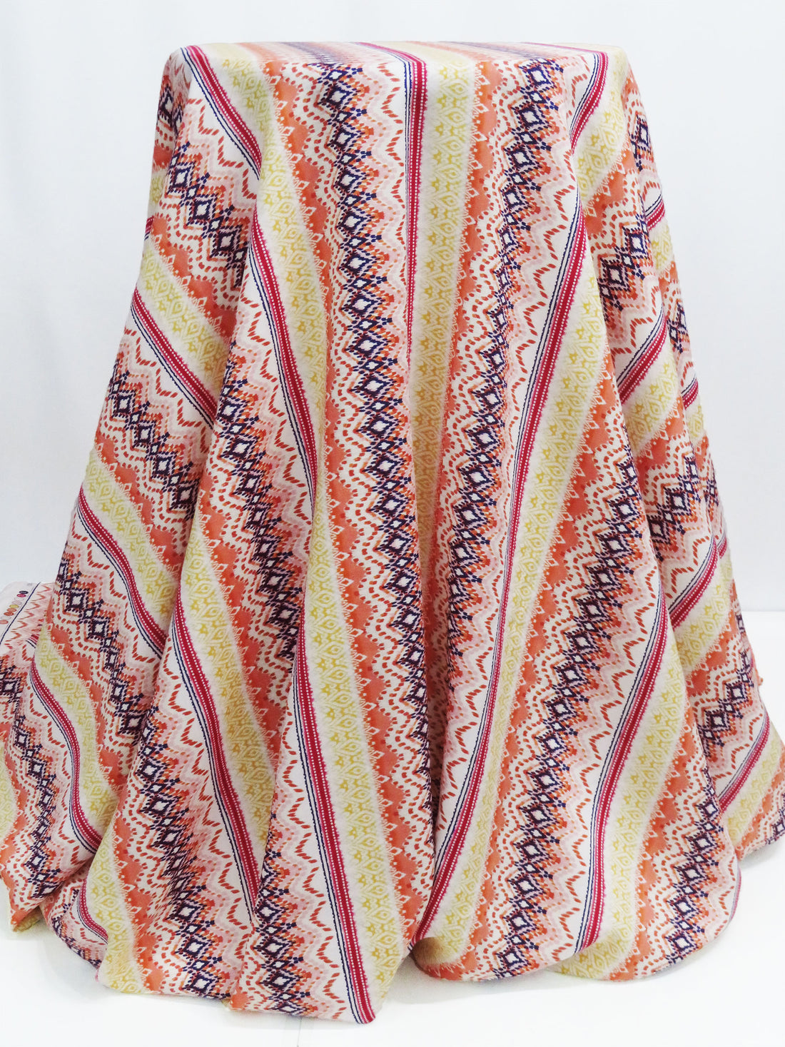 Peach/Goldenrod/Deep Magenta Pink/Multi 100% Rayon Vertical Ornate Stripe Print Challis 56W