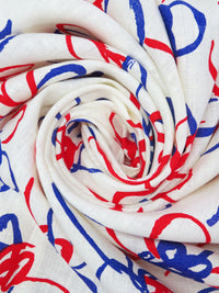 Old Lace/Chili Red/Dark Cornflower 100% Linen Abstract Drawn Floral Print Mid-Weight Woven - European Mill - 58W