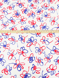 Old Lace/Chili Red/Dark Cornflower 100% Linen Abstract Drawn Floral Print Mid-Weight Woven - European Mill - 58W