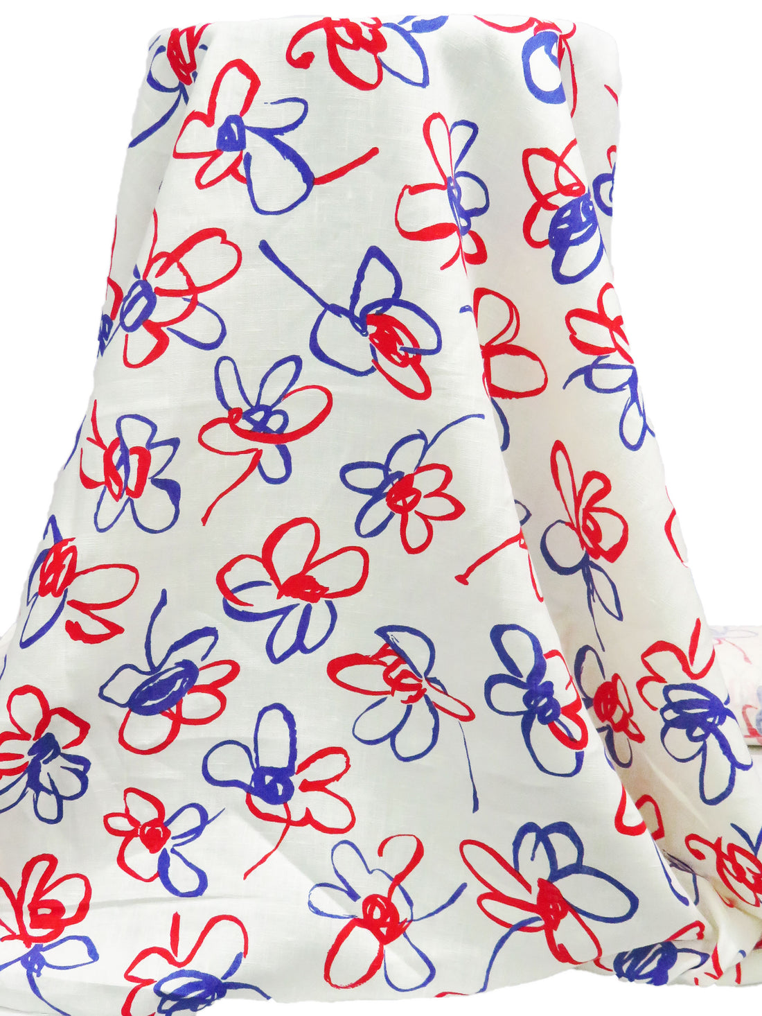 Old Lace/Chili Red/Dark Cornflower 100% Linen Abstract Drawn Floral Print Mid-Weight Woven - European Mill - 58W