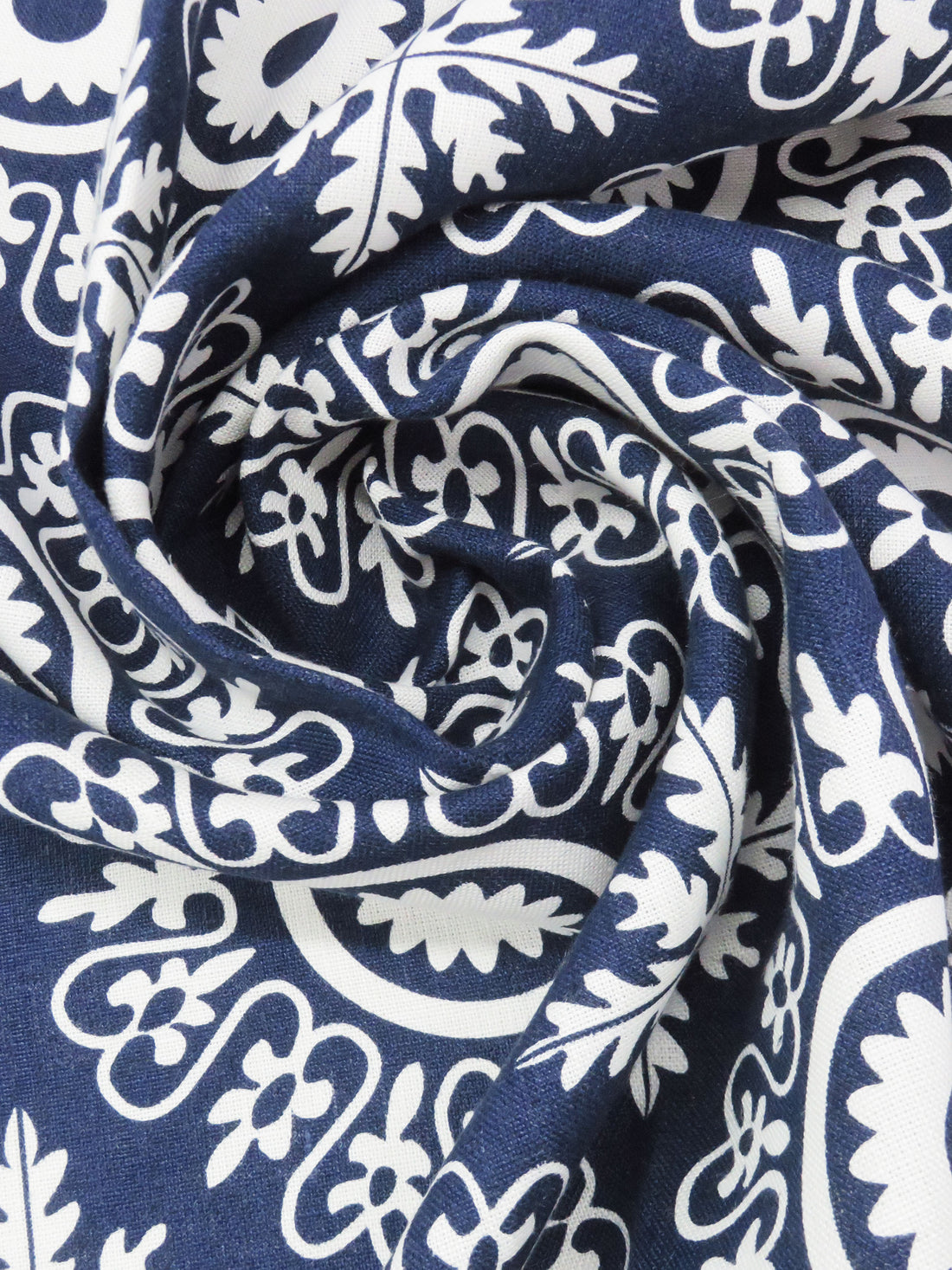 Navy Blue/White 100% Linen Large Ornate Tile Print Canvas - European Mill - 56W