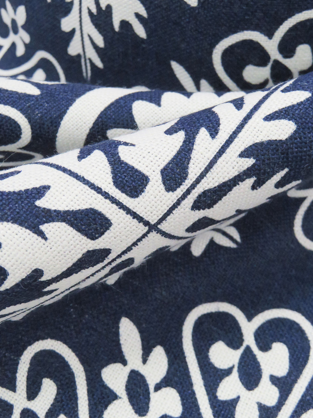 Navy Blue/White 100% Linen Large Ornate Tile Print Canvas - European Mill - 56W