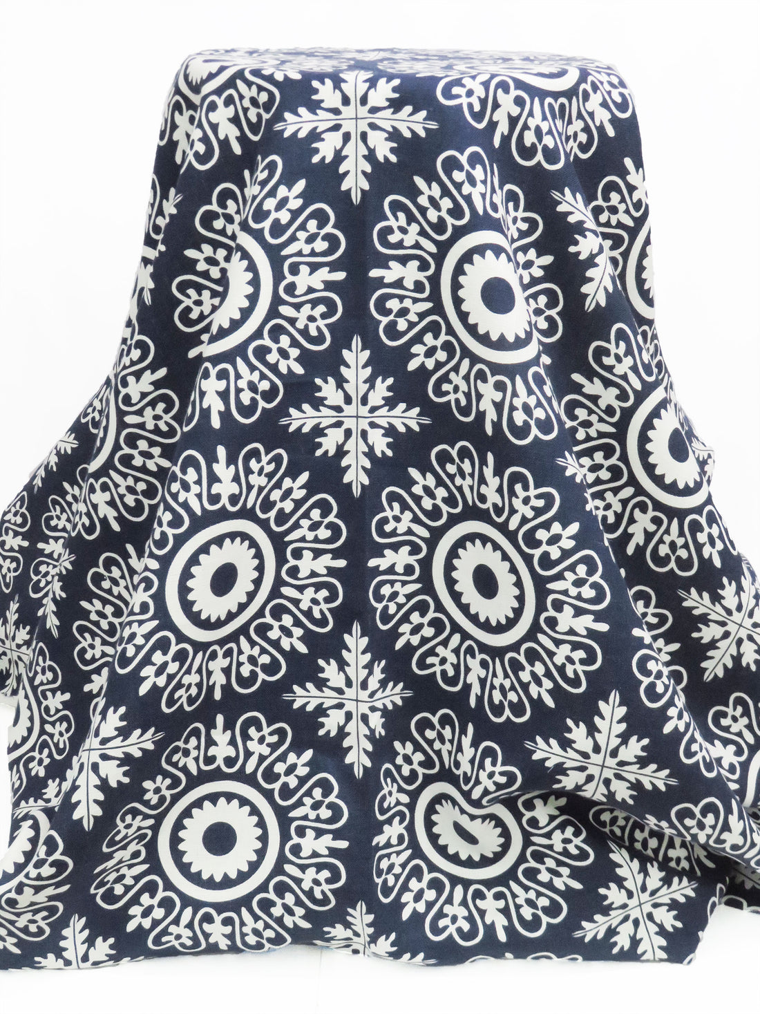 Navy Blue/White 100% Linen Large Ornate Tile Print Canvas - European Mill - 56W