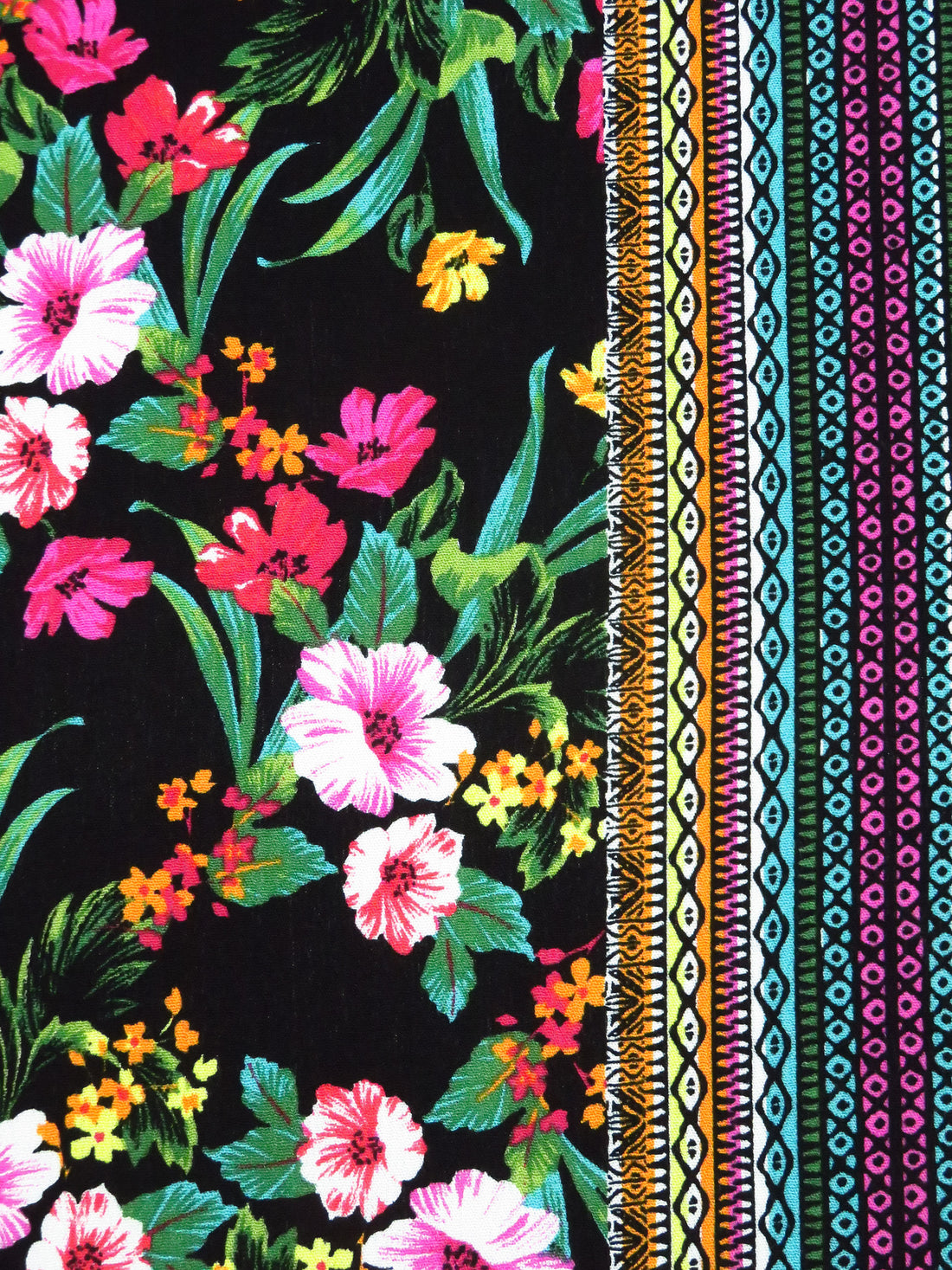 Black/Sea Green/Tangerine/Multi 100% Rayon Tropical Floral And Geometric Vertical Stripe Print Crinkle Challis 52W