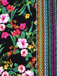 Black/Sea Green/Tangerine/Multi 100% Rayon Tropical Floral And Geometric Vertical Stripe Print Crinkle Challis 52W