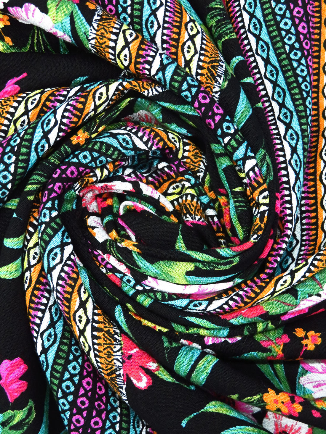 Black/Sea Green/Tangerine/Multi 100% Rayon Tropical Floral And Geometric Vertical Stripe Print Crinkle Challis 52W