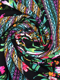Black/Sea Green/Tangerine/Multi 100% Rayon Tropical Floral And Geometric Vertical Stripe Print Crinkle Challis 52W