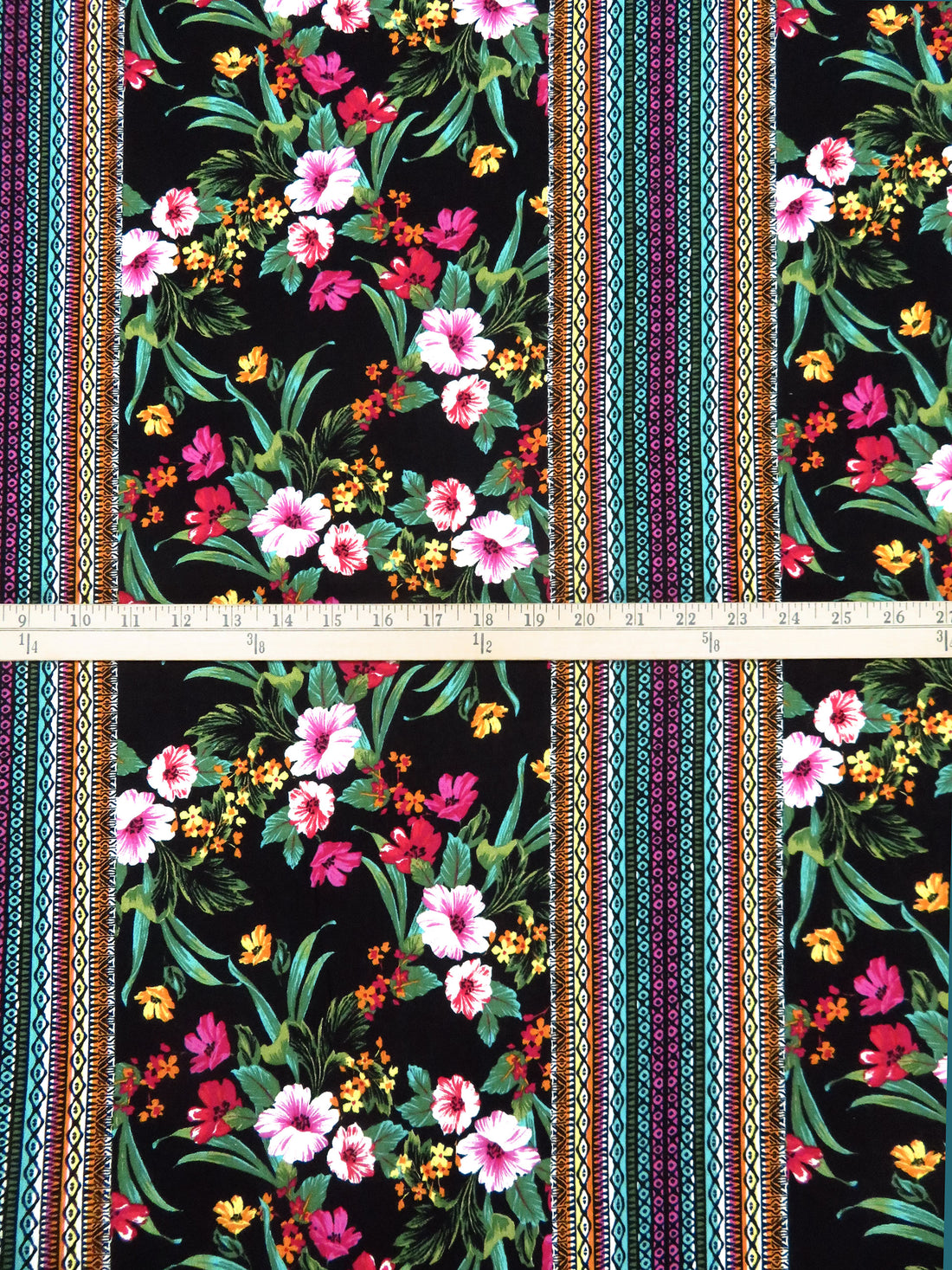 Black/Sea Green/Tangerine/Multi 100% Rayon Tropical Floral And Geometric Vertical Stripe Print Crinkle Challis 52W