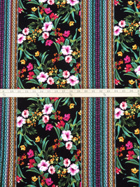 Black/Sea Green/Tangerine/Multi 100% Rayon Tropical Floral And Geometric Vertical Stripe Print Crinkle Challis 52W