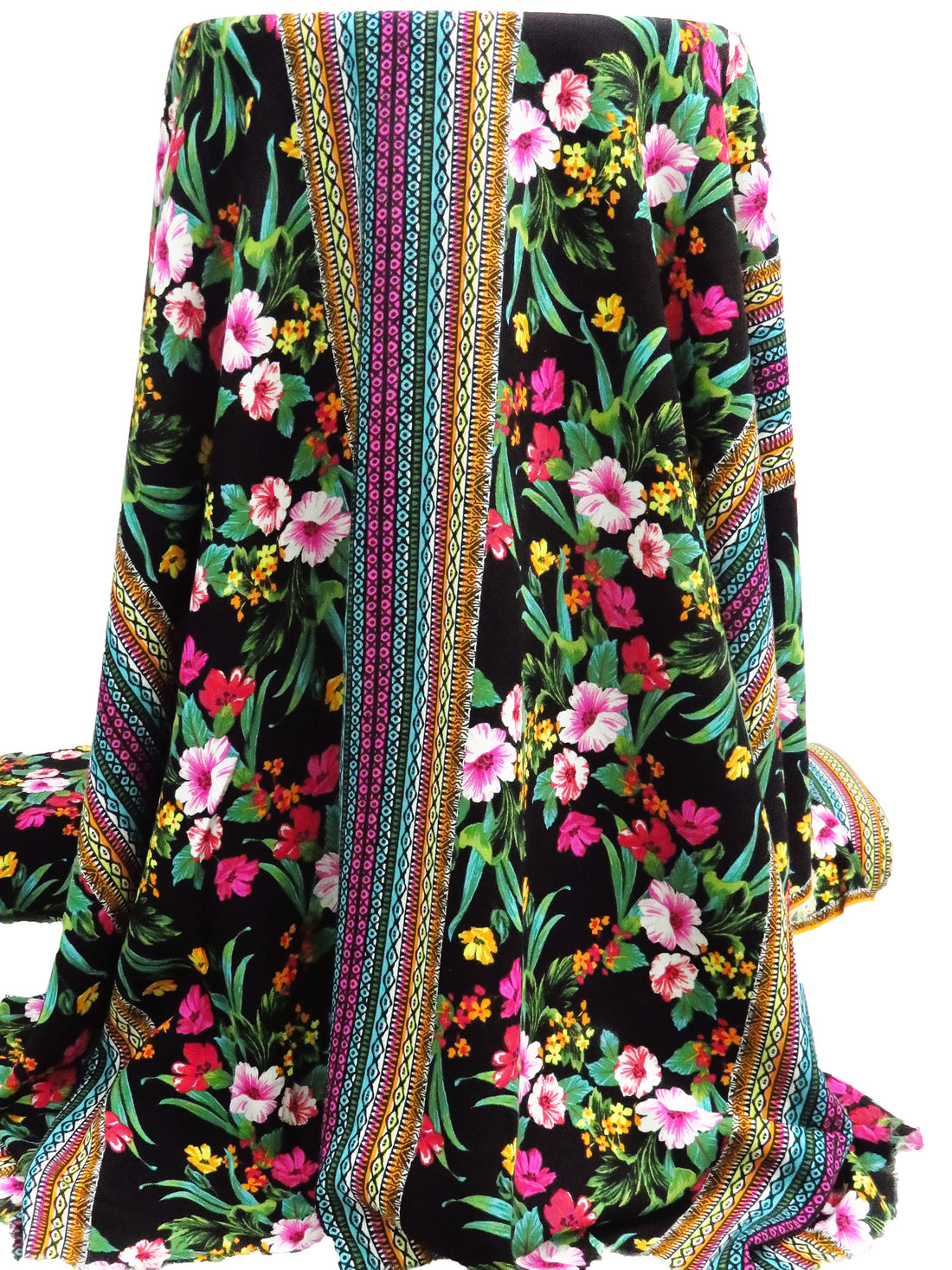 Black/Sea Green/Tangerine/Multi 100% Rayon Tropical Floral And Geometric Vertical Stripe Print Crinkle Challis 52W