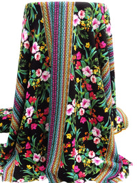 Black/Sea Green/Tangerine/Multi 100% Rayon Tropical Floral And Geometric Vertical Stripe Print Crinkle Challis 52W
