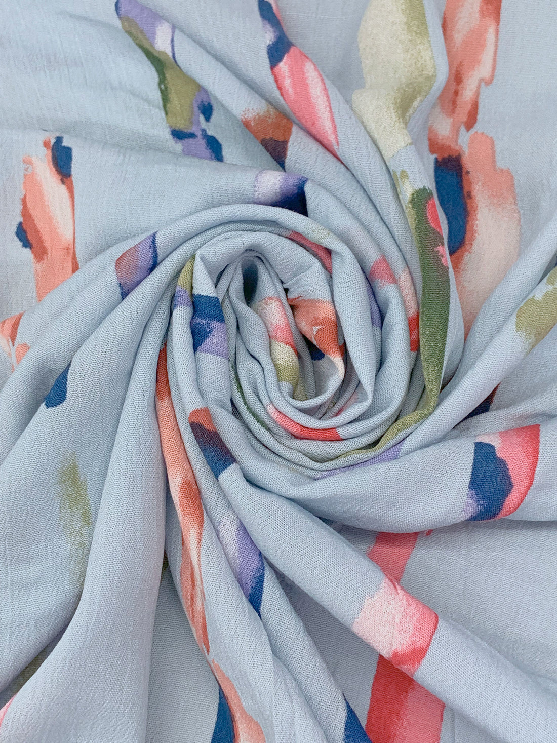 Powder Blue/Old Moss Green/Ruddy Pink/Multi 100% Rayon Vertical Streaks Print Crinkle Challis 56W