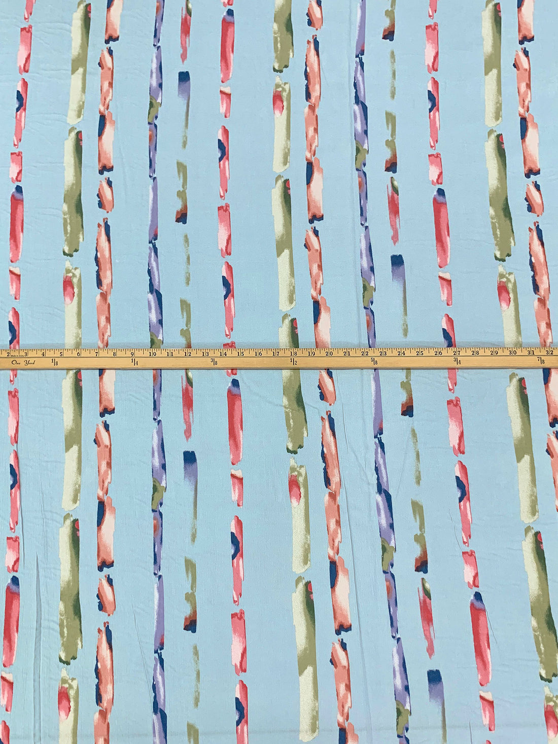Powder Blue/Old Moss Green/Ruddy Pink/Multi 100% Rayon Vertical Streaks Print Crinkle Challis 56W