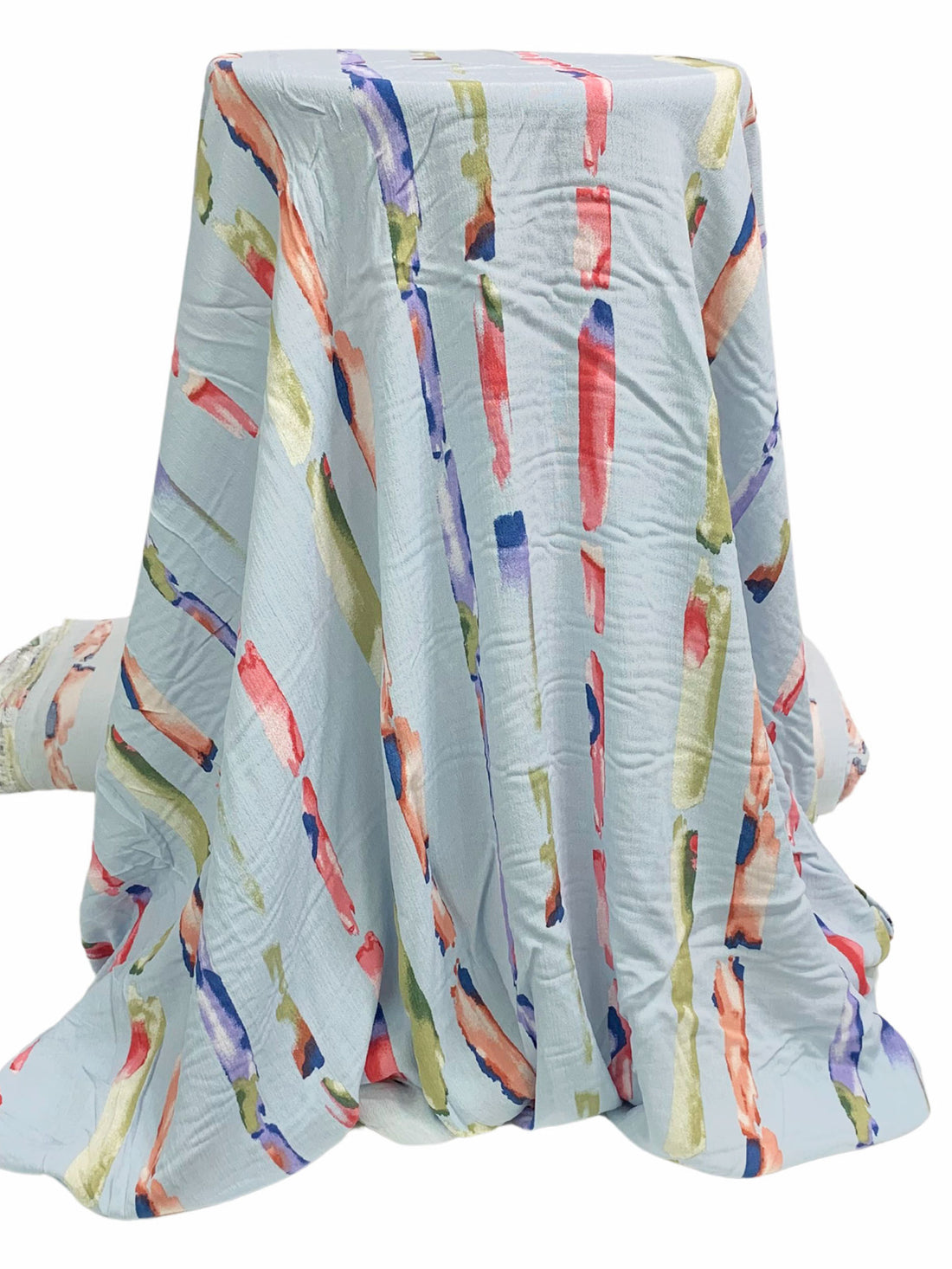 Powder Blue/Old Moss Green/Ruddy Pink/Multi 100% Rayon Vertical Streaks Print Crinkle Challis 56W