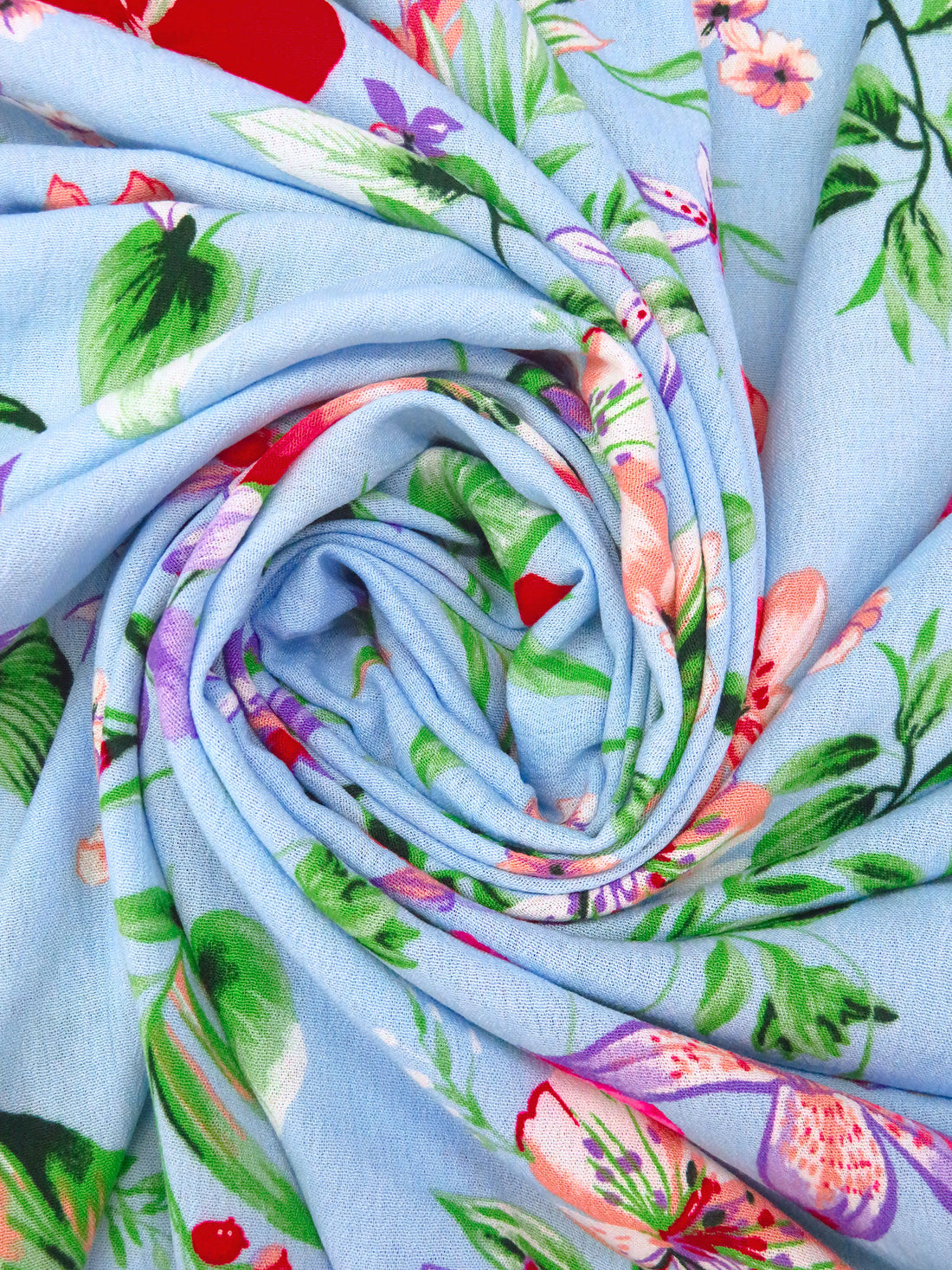 Sky Blue/Amethyst/Vine Green/Multi 100% Rayon Garden Floral Print Crinkle Challis 54W